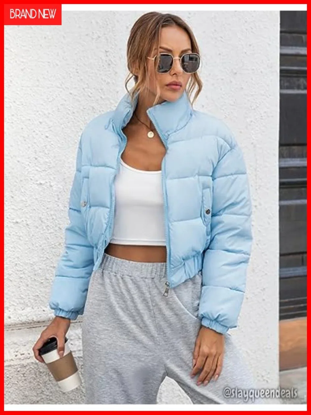 Cropped Quilted Puffer Jacket Full Zip Winter Coat Stand Collar